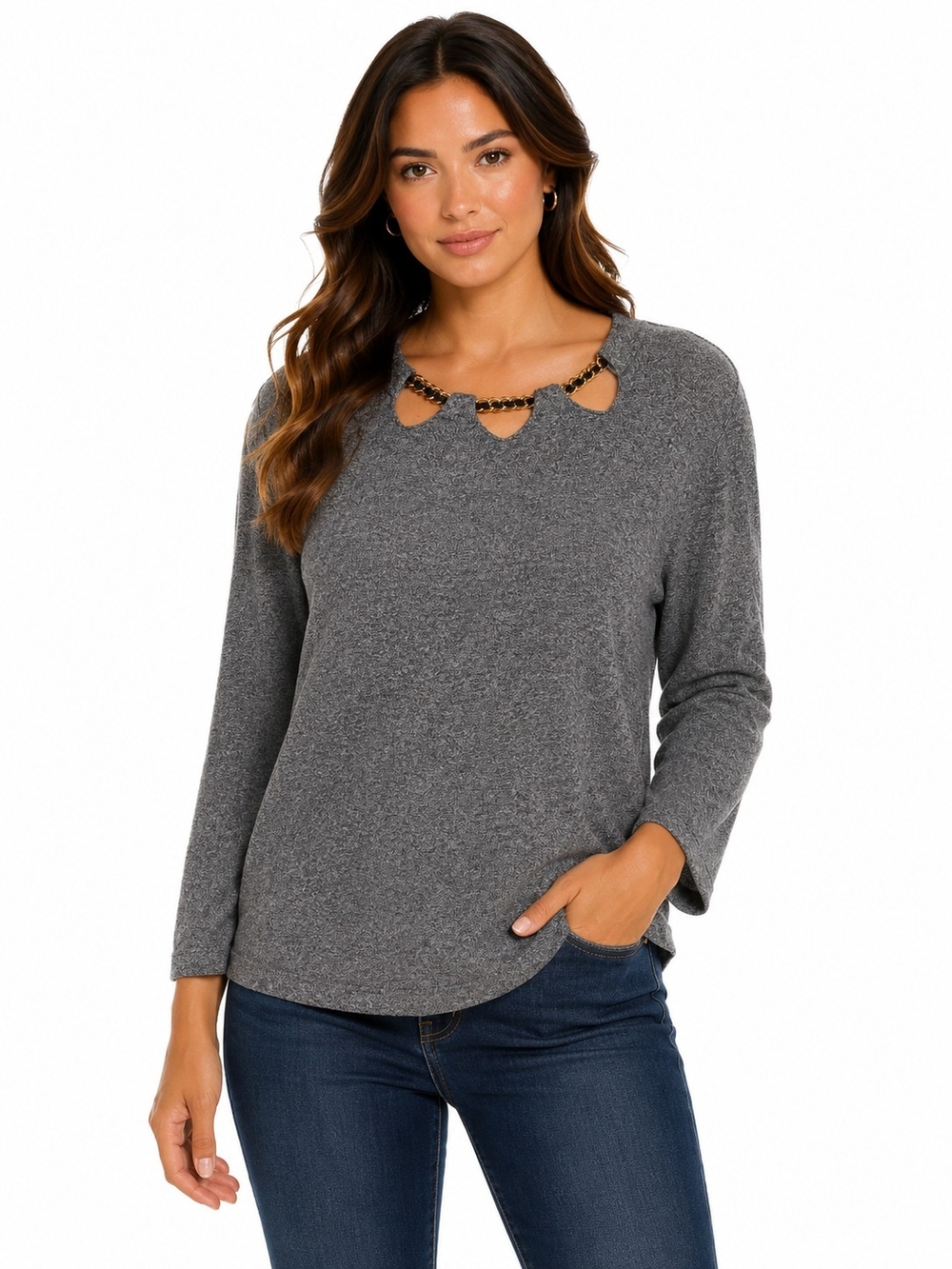 Rafaella Charcoal Gray Chain-Detail Knit Top